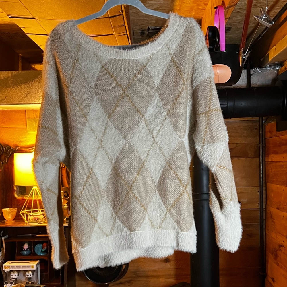 Fuzzy Argyle Knit Sweater